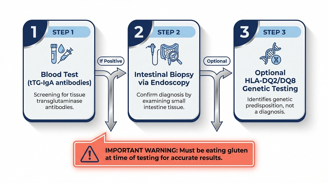 Step-by-step infographic showing celiac disease diagnostic pathway including blood test biopsy and genetic testing
