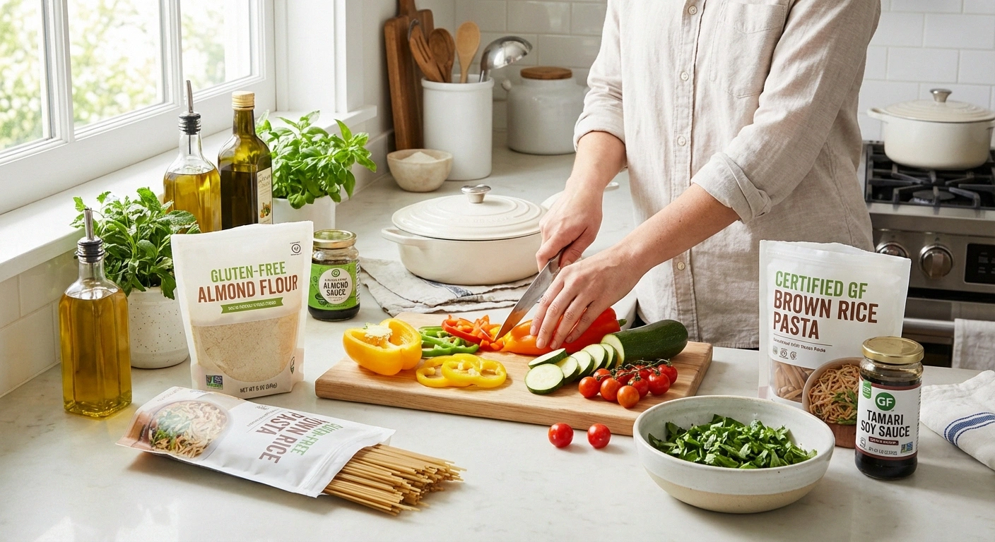 Person preparing a gluten-free meal with fresh vegetables and labeled ingredients for celiac disease neuropathy management