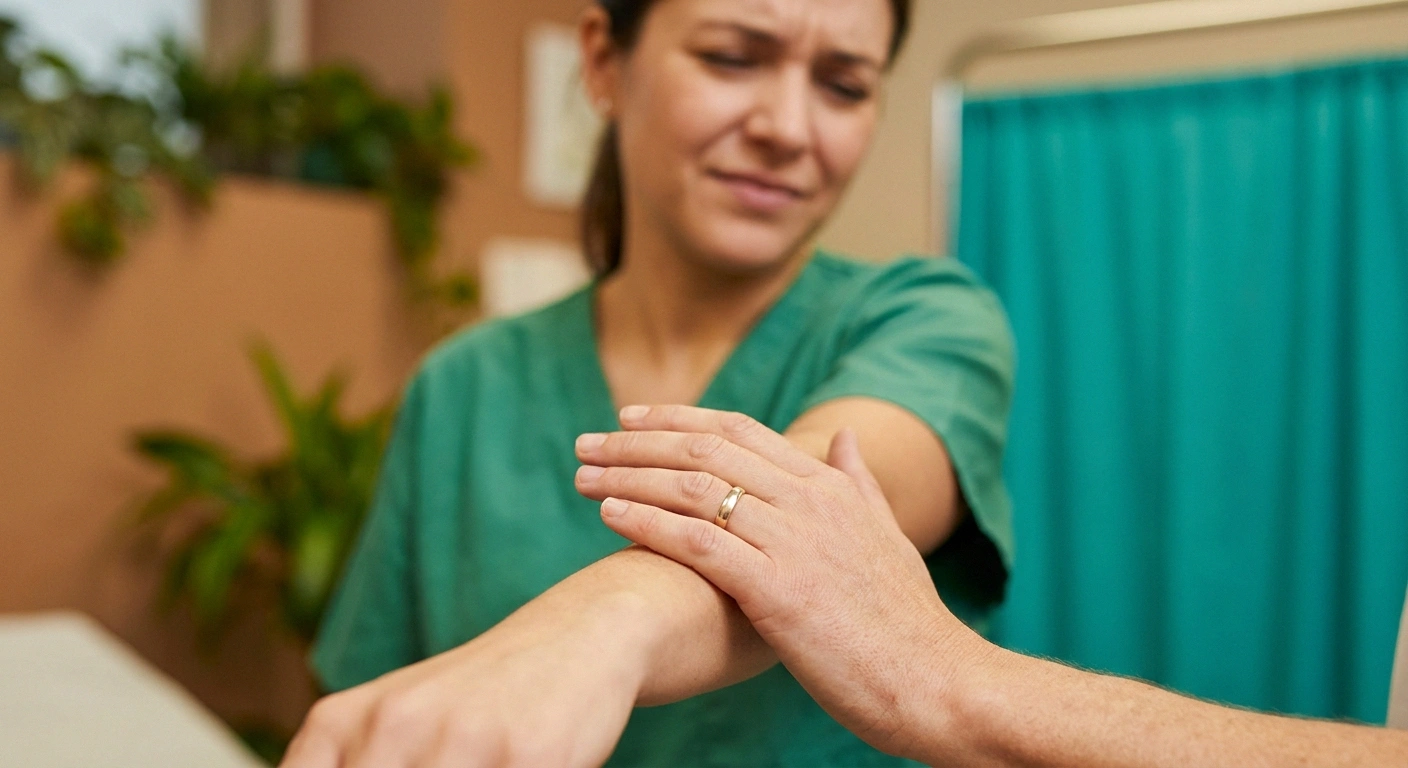 Hand gently touching a forearm representing allodynia — when normal touch becomes painful in central sensitization and neuropathy