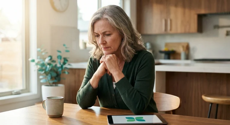 Woman with neuropathy sitting quietly, reflecting on widespread pain — illustrating central sensitization and pain amplification