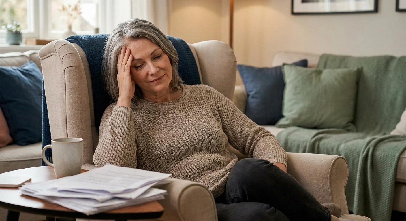 Tired woman experiencing stress-related neuropathy pain flare — illustrating how emotions and central sensitization interact