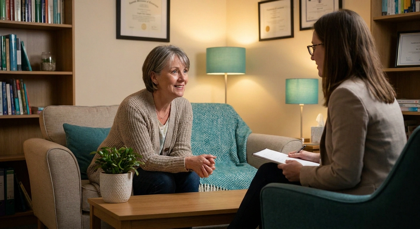 Woman in a therapy session for neuropathy pain management — cognitive behavioral therapy addresses central sensitization in chronic pain