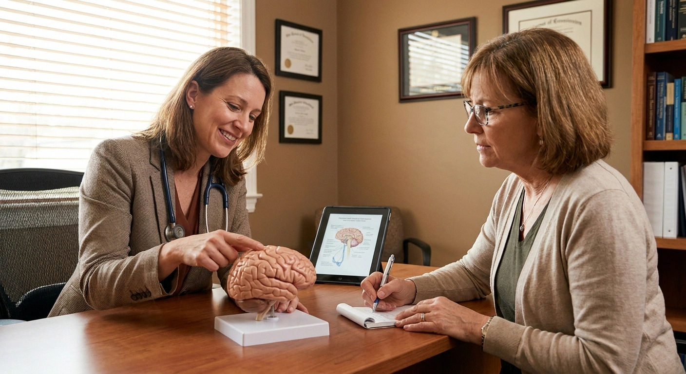 Neurologist engaging in collaborative conversation with neuropathy patient — illustrating quality specialist communication