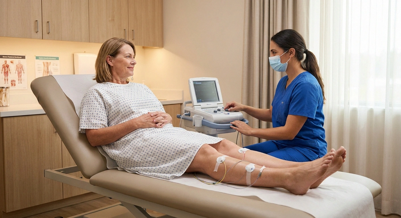 Patient undergoing nerve conduction study (EMG/NCS) for neuropathy diagnosis — a key test to look for in a neurologist