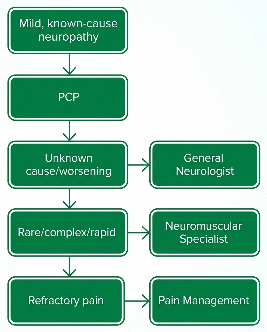 Flowchart showing which doctor to see for neuropathy — from PCP to general neurologist to neuromuscular specialist