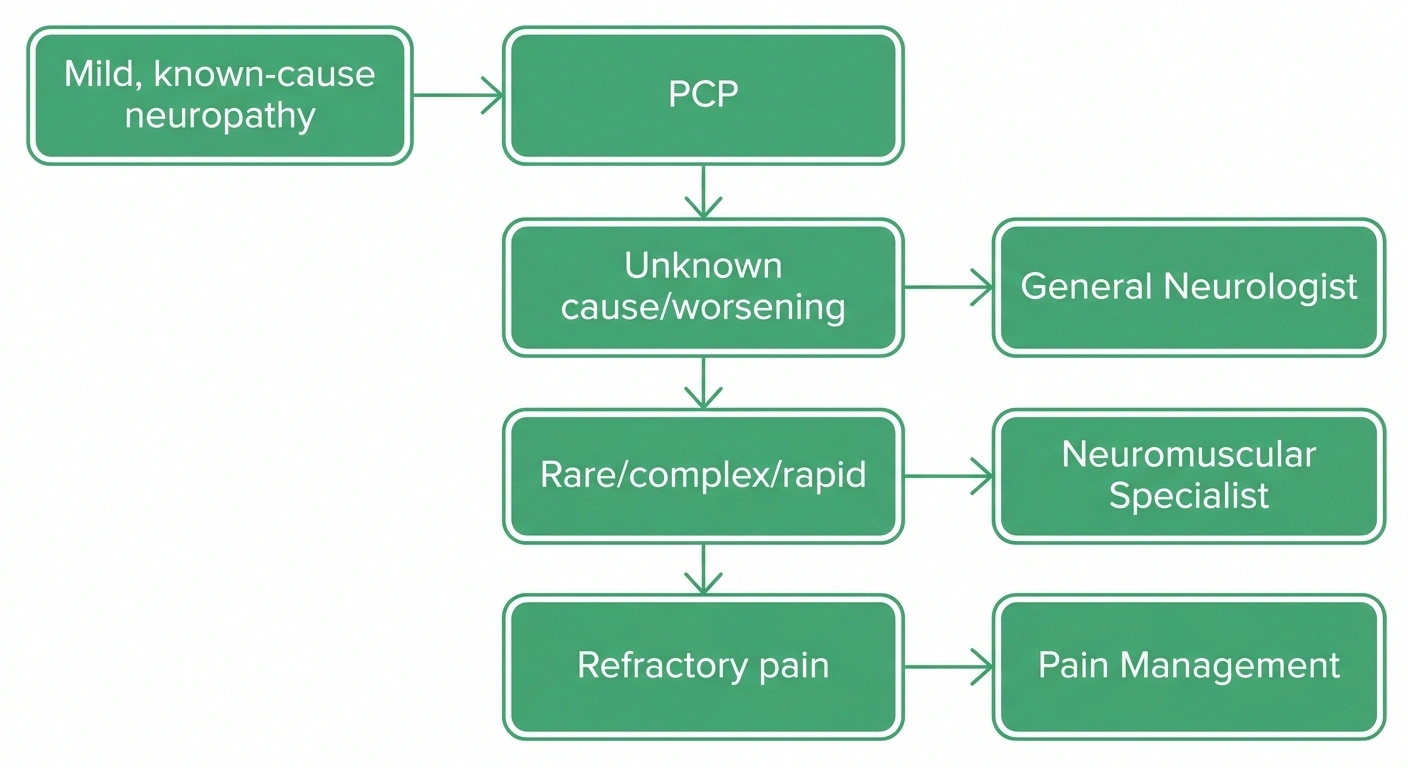 Flowchart showing which doctor to see for neuropathy — from PCP to general neurologist to neuromuscular specialist