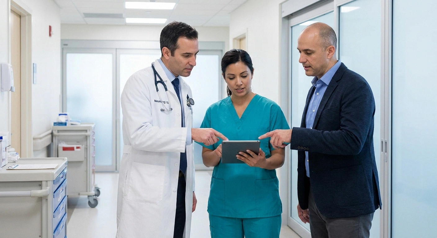 Multidisciplinary neuropathy care team — neurologist, physical therapist, and specialists collaborating on patient care