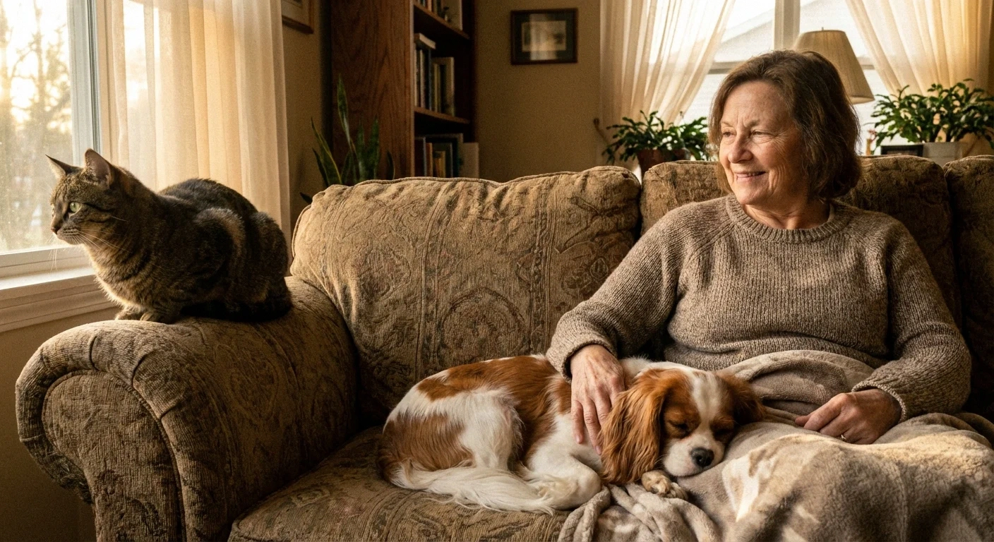 Woman relaxing on couch with a dog and cat, showing different pet companion options for people with neuropathy