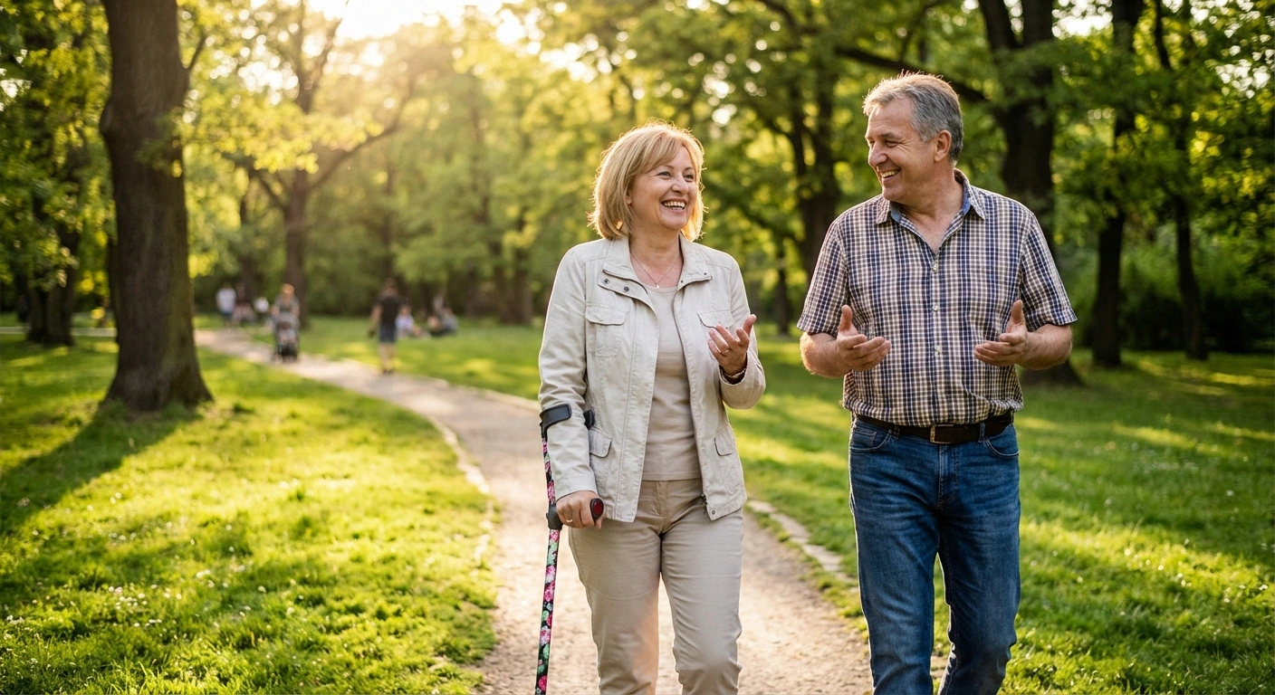 Person with neuropathy walking aid enjoying outdoor activity in park with friend