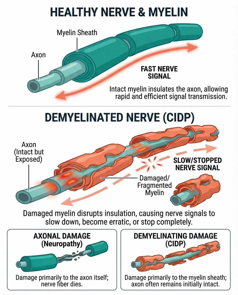 Infographic comparing healthy nerve with myelin sheath versus demyelinated nerve in CIDP