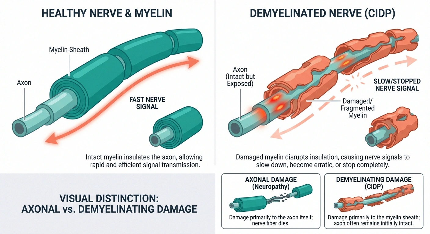Infographic comparing healthy nerve with myelin sheath versus demyelinated nerve in CIDP