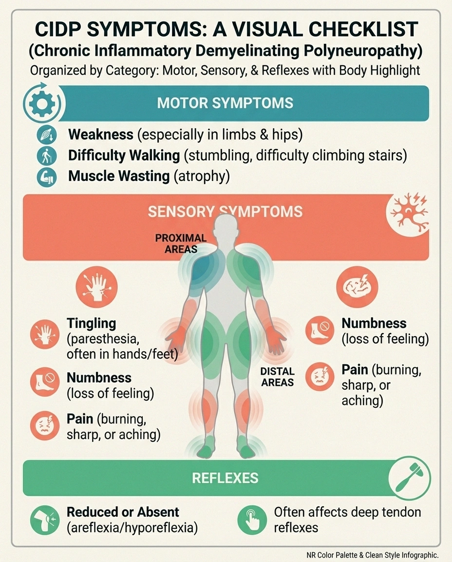 CIDP symptoms checklist showing motor sensory and reflex symptoms with body diagram