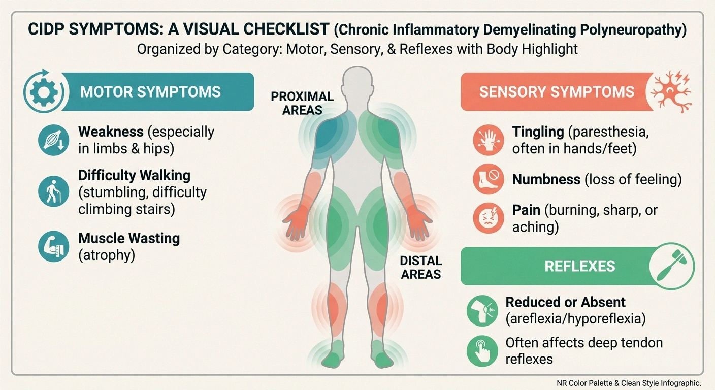 CIDP symptoms checklist showing motor sensory and reflex symptoms with body diagram