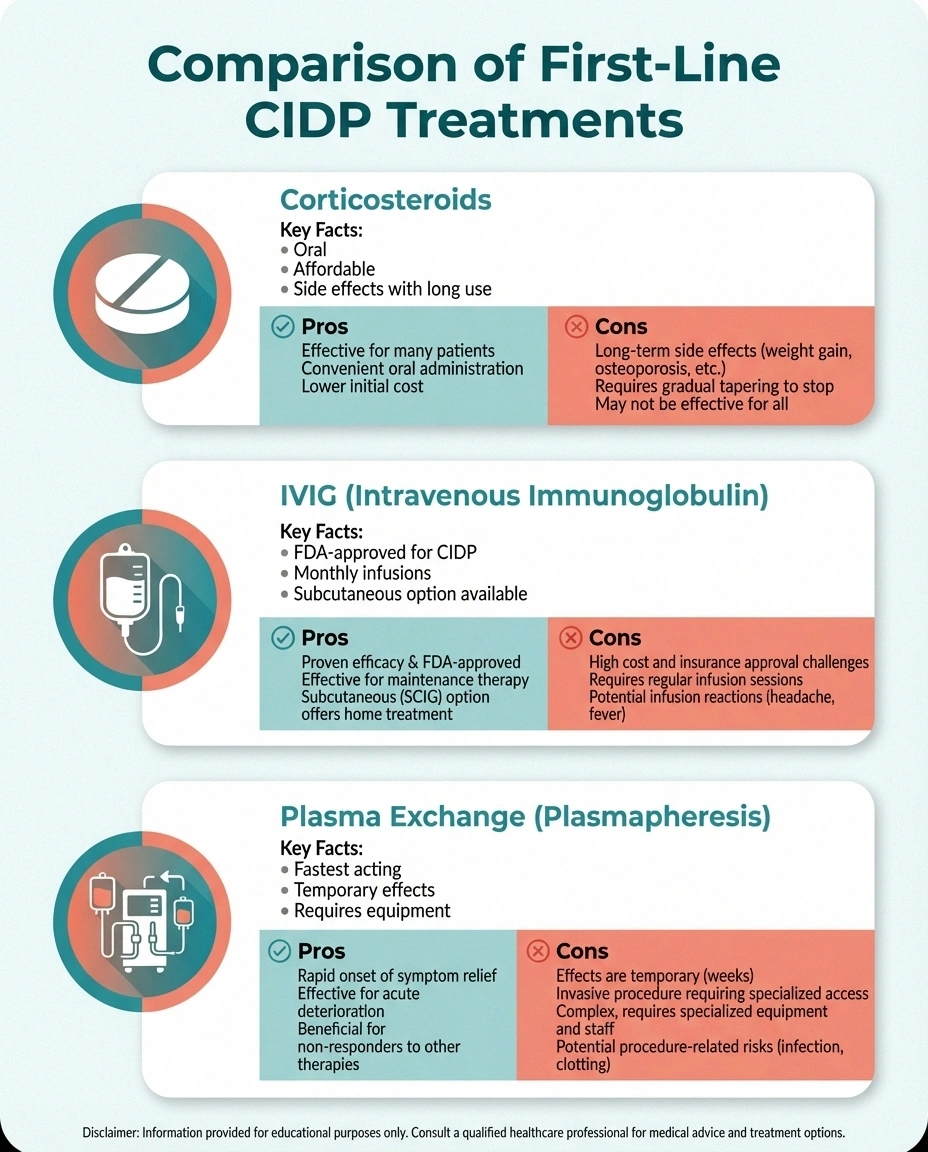 Comparison infographic of three CIDP treatments corticosteroids IVIG and plasma exchange