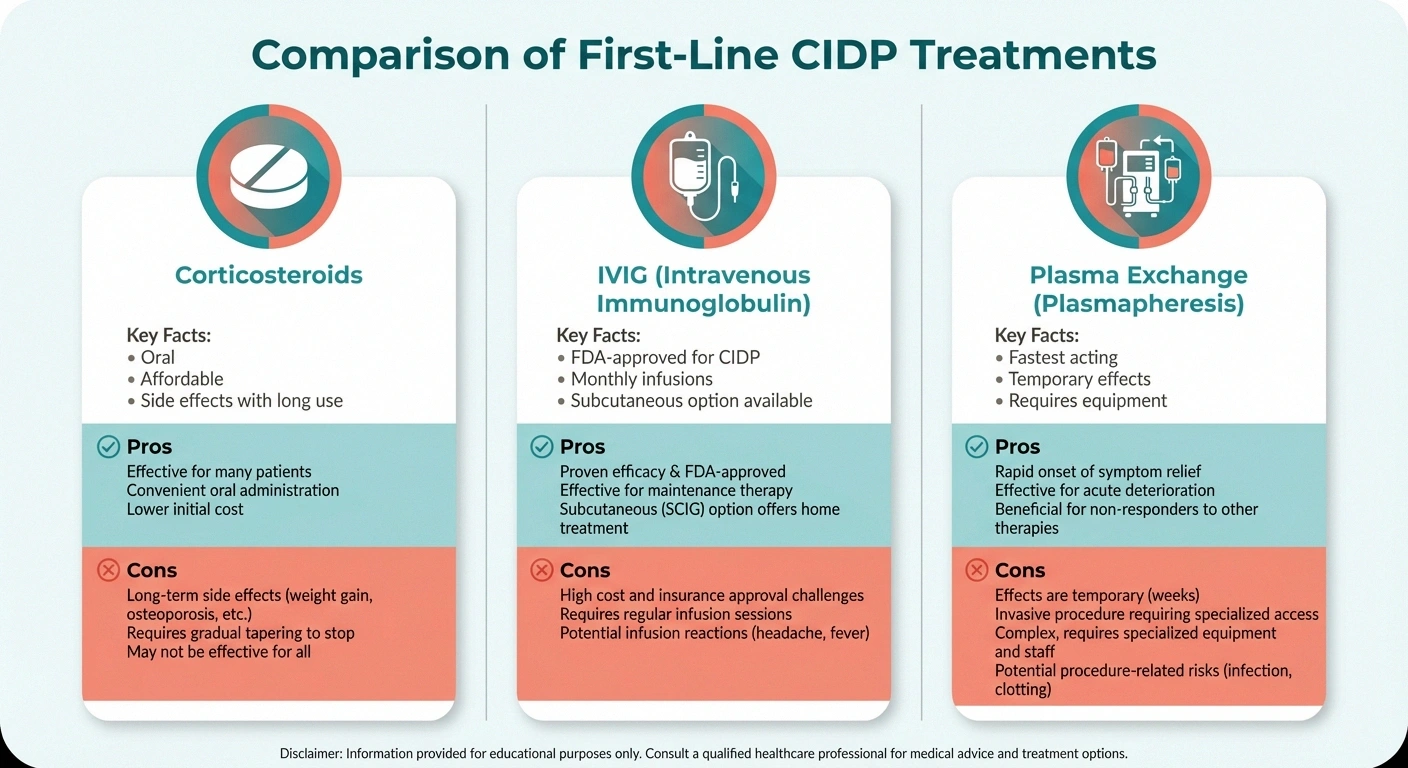 Comparison infographic of three CIDP treatments corticosteroids IVIG and plasma exchange