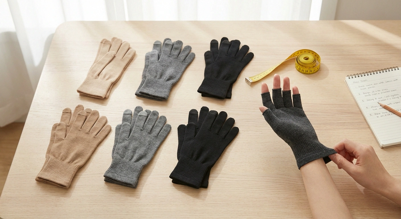 Several compression glove options displayed with measuring tape for proper fitting for neuropathy