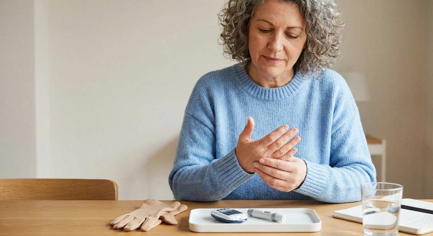 Person with diabetes inspecting hands after removing compression gloves showing proper safety monitoring for diabetic neuropathy