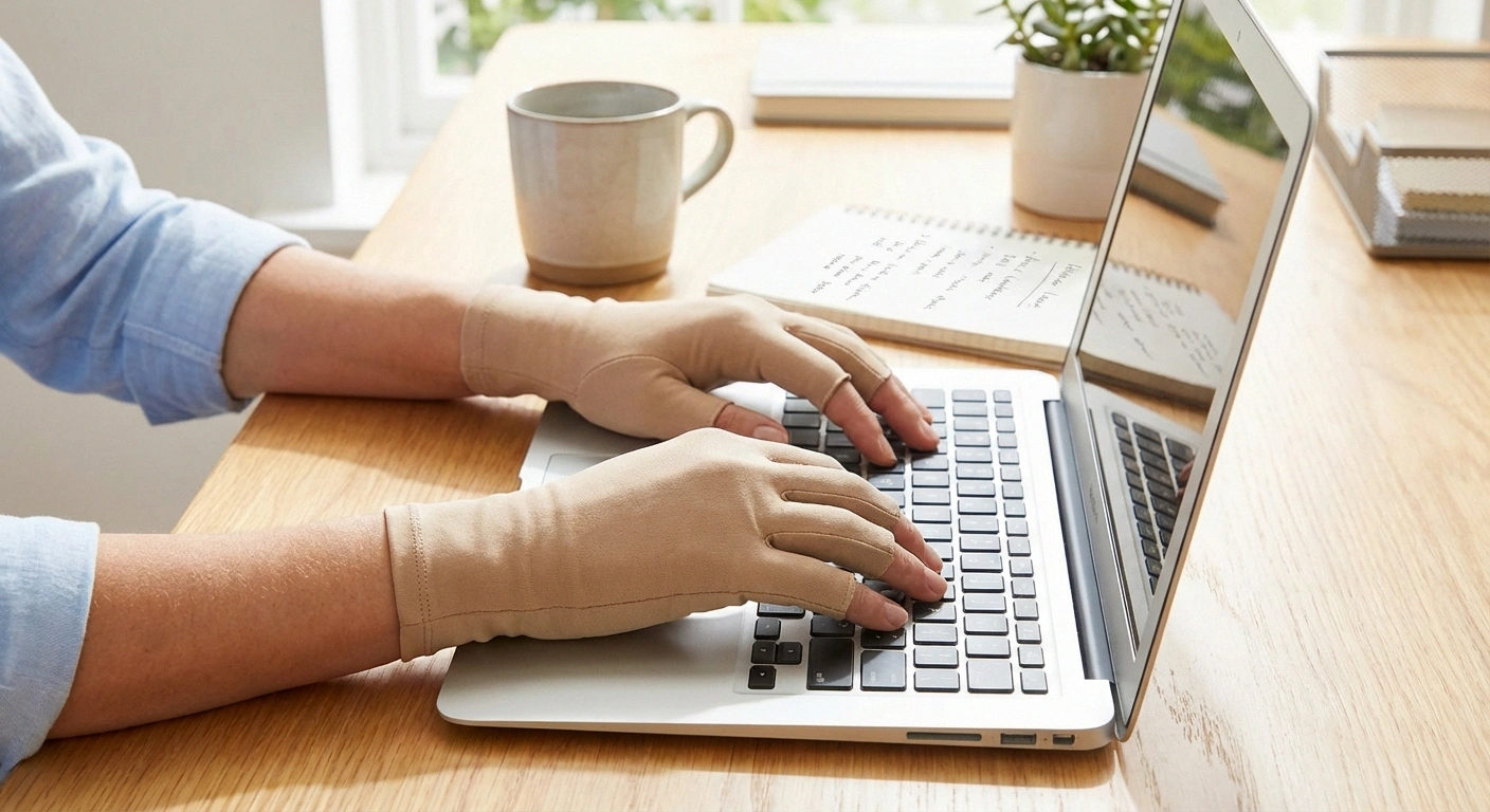 Person wearing compression gloves while typing on a keyboard demonstrating daily use for neuropathy management