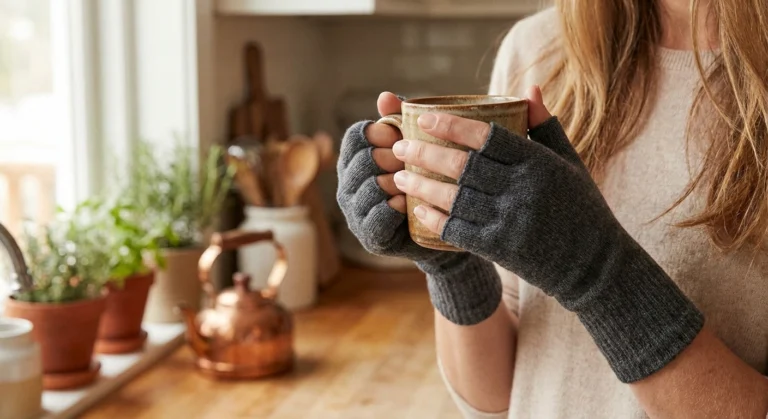 Woman wearing fingerless compression gloves for neuropathy while holding a coffee mug at home