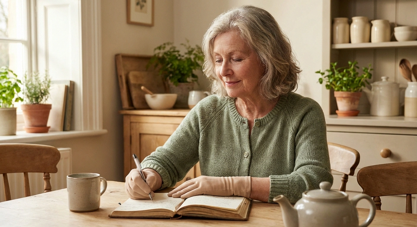 Older woman wearing compression gloves while journaling at her kitchen table reflecting on neuropathy symptom management