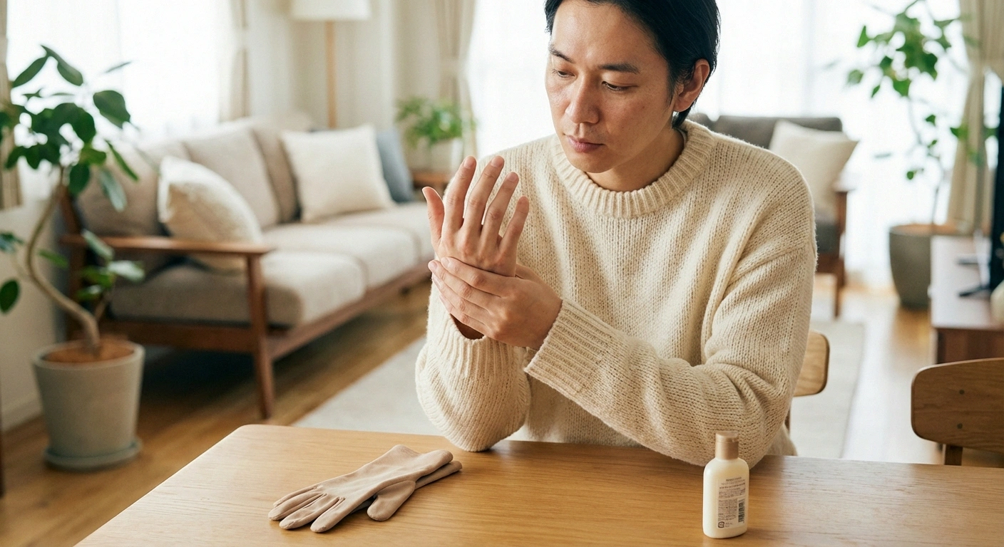 Person inspecting their hand for skin changes after removing compression gloves as a neuropathy safety precaution