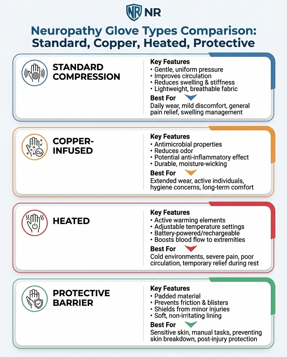 Comparison chart of four types of neuropathy gloves showing features and best uses for each type