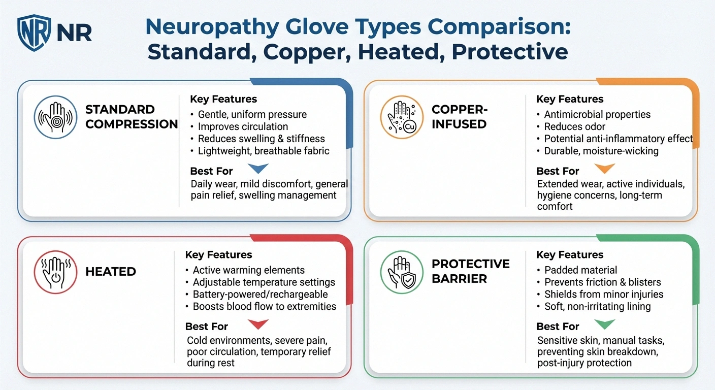 Comparison chart of four types of neuropathy gloves showing features and best uses for each type