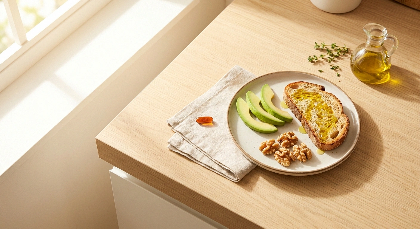 CoQ10 supplement capsule alongside healthy fats like avocado and nuts — take CoQ10 with a fat-containing meal