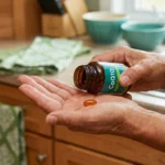 Woman holding CoQ10 supplement bottle for neuropathy nerve health support