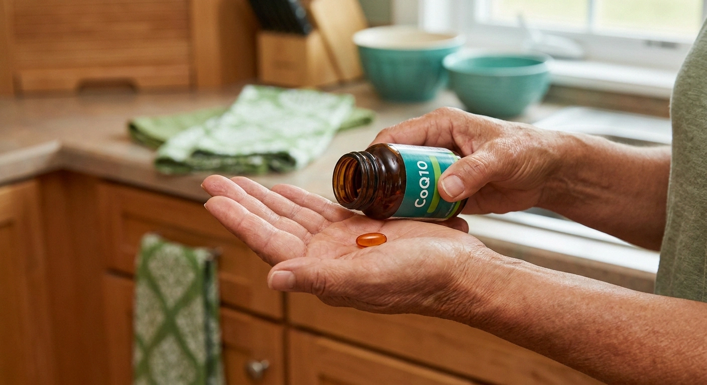 Woman holding CoQ10 supplement bottle for neuropathy nerve health support