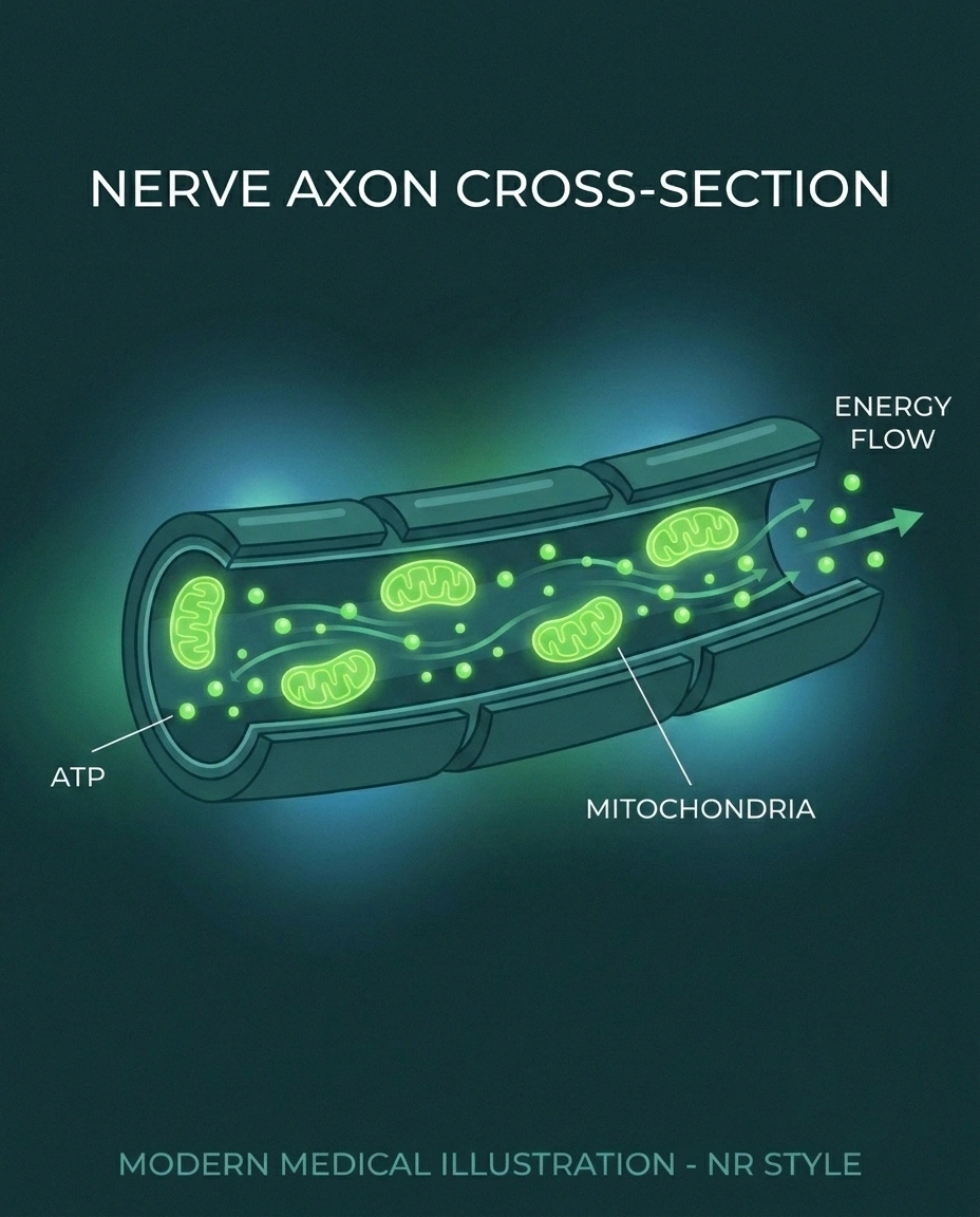 Diagram showing mitochondria inside nerve axon producing ATP energy for nerve signal transmission