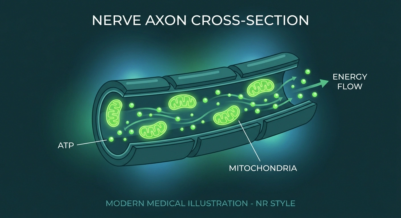 Diagram showing mitochondria inside nerve axon producing ATP energy for nerve signal transmission