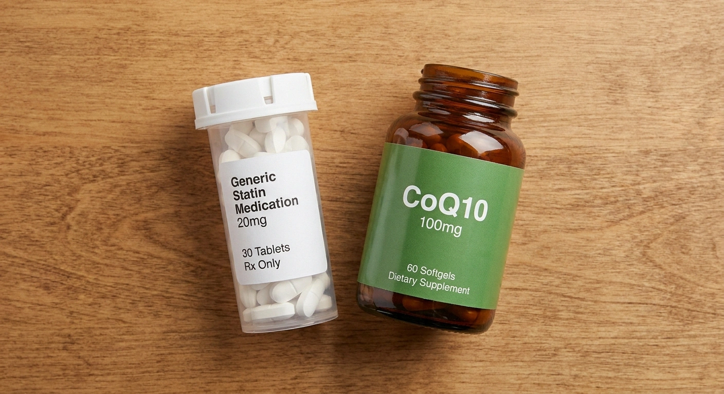 Statin medication bottle next to CoQ10 supplement — statins deplete CoQ10 levels in the body