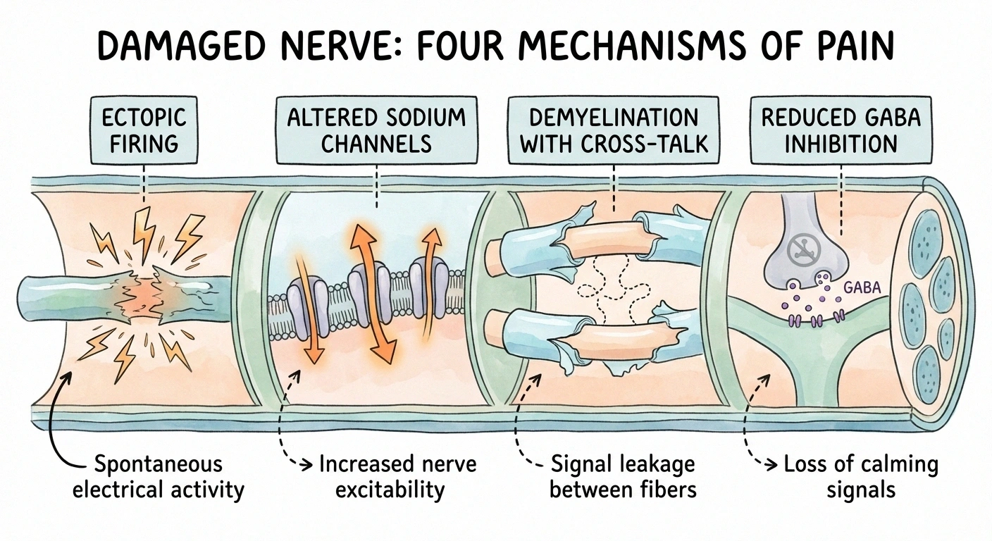 Illustration of four mechanisms inside a damaged nerve that cause neuropathic pain including ectopic firing, sodium channel changes, demyelination, and loss of inhibitory control
