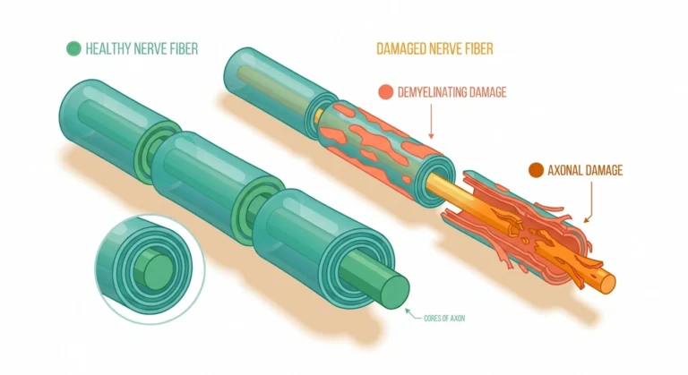 Medical illustration comparing demyelinating vs axonal neuropathy nerve damage types