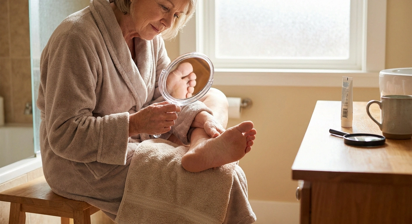 Person using handheld mirror to inspect soles of feet for diabetic neuropathy foot care daily routine
