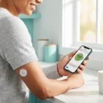 Person checking continuous glucose monitor reading on smartphone representing blood sugar management for diabetic neuropathy