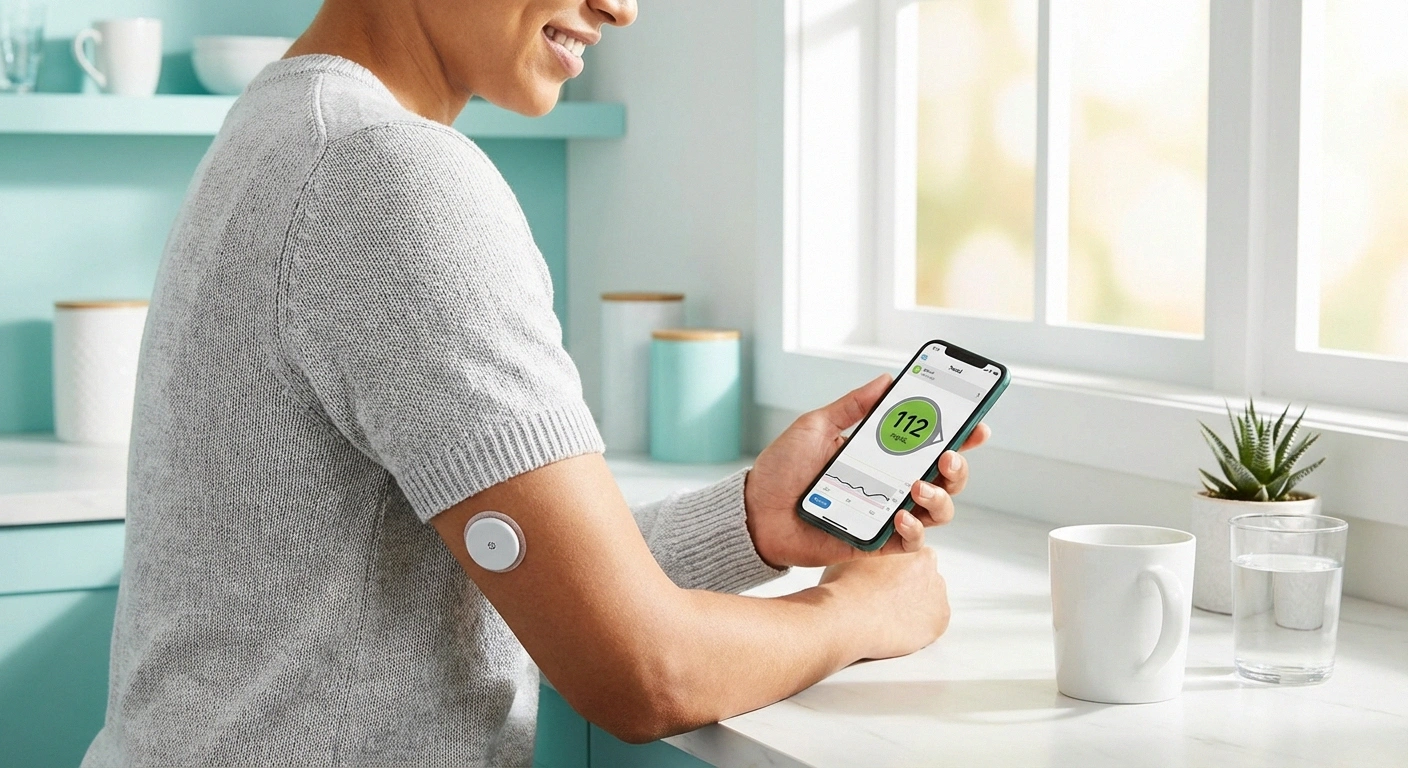 Person checking continuous glucose monitor reading on smartphone representing blood sugar management for diabetic neuropathy