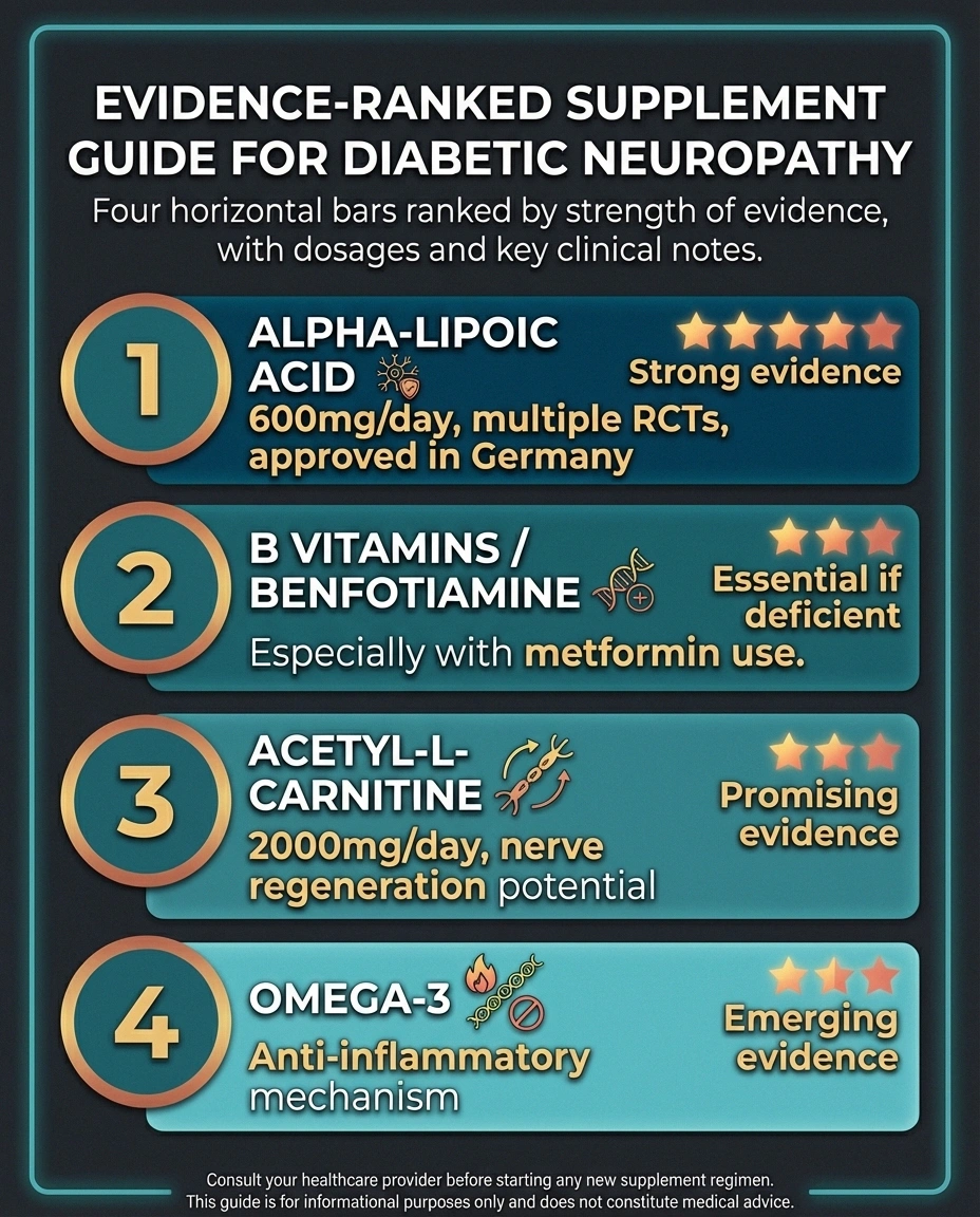 Evidence-ranked supplement guide for diabetic neuropathy showing alpha-lipoic acid B vitamins acetyl-L-carnitine and omega-3 with dosages