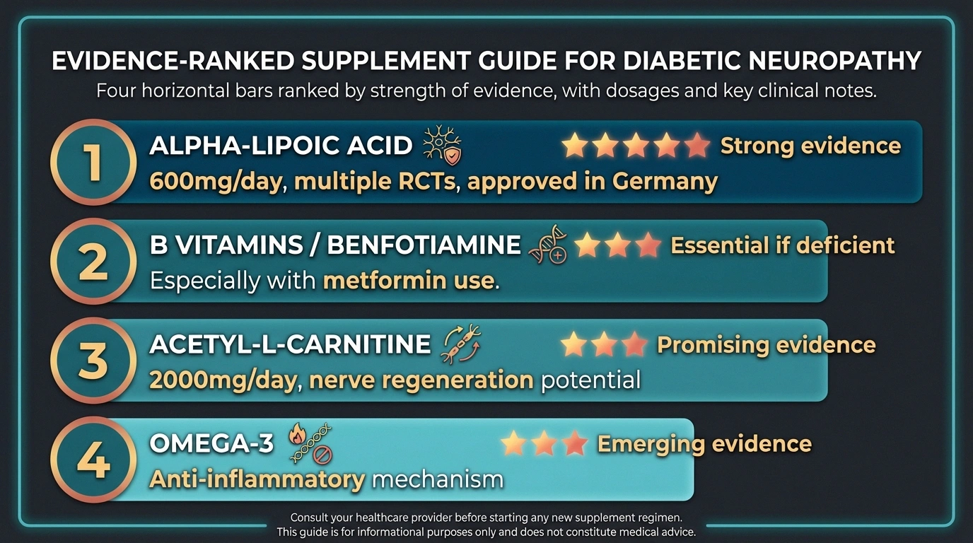 Evidence-ranked supplement guide for diabetic neuropathy showing alpha-lipoic acid B vitamins acetyl-L-carnitine and omega-3 with dosages