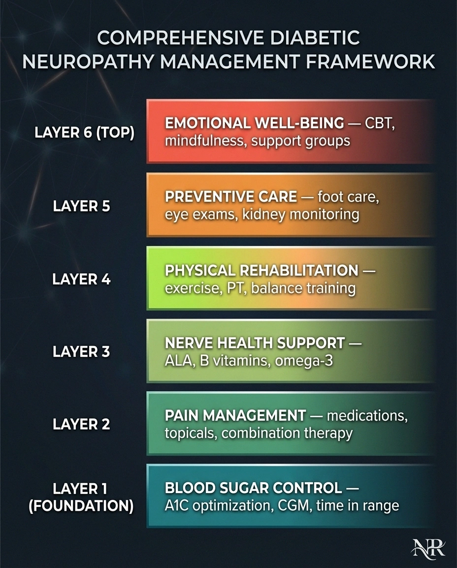 Six-layer treatment pyramid for diabetic neuropathy from blood sugar control foundation to emotional well-being at top