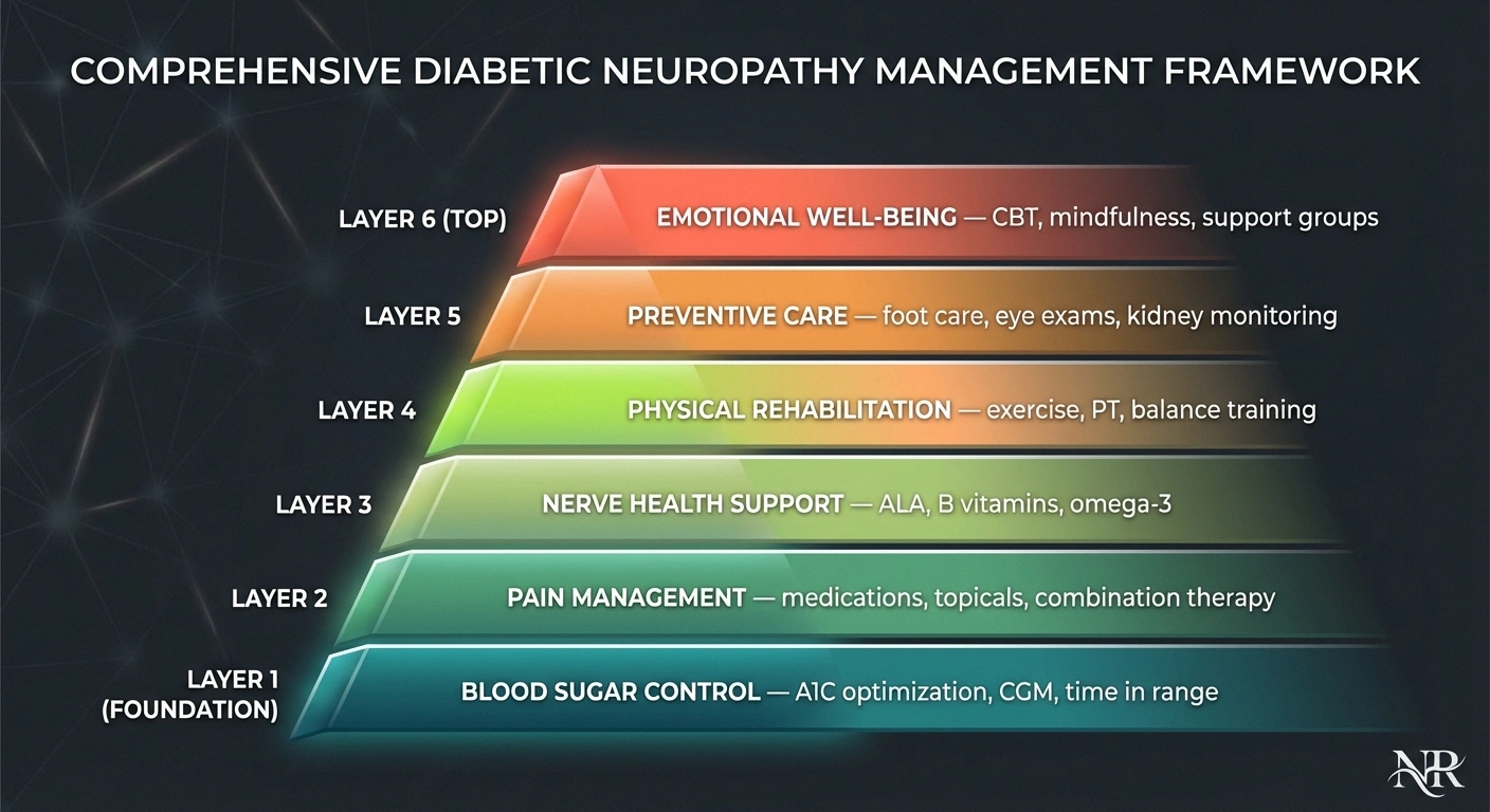 Six-layer treatment pyramid for diabetic neuropathy from blood sugar control foundation to emotional well-being at top