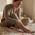 Person sitting on bed looking at their feet and legs with concern about neuropathy symptoms spreading