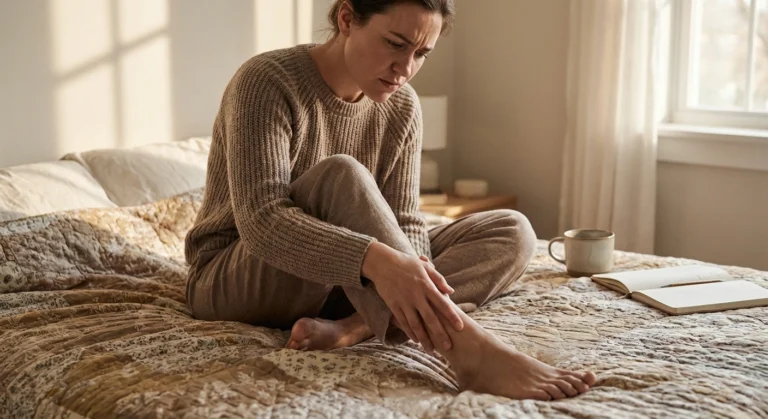 Person sitting on bed looking at their feet and legs with concern about neuropathy symptoms spreading