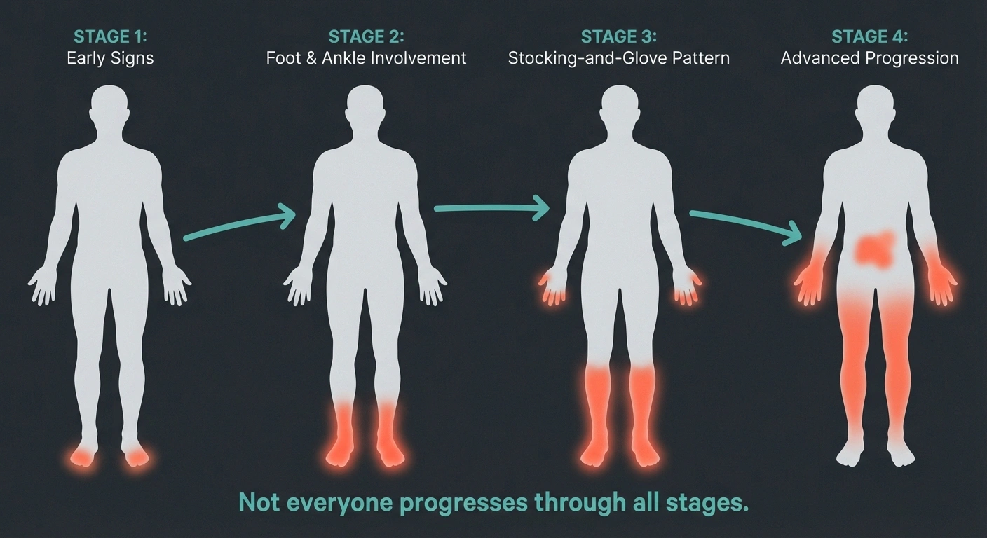 Four-stage body diagram showing stocking-and-glove pattern of neuropathy progression from toes to hands and legs