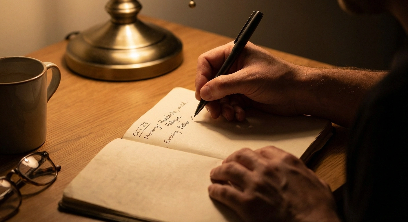 Person writing in a neuropathy symptom journal to track changes and detect progression over time