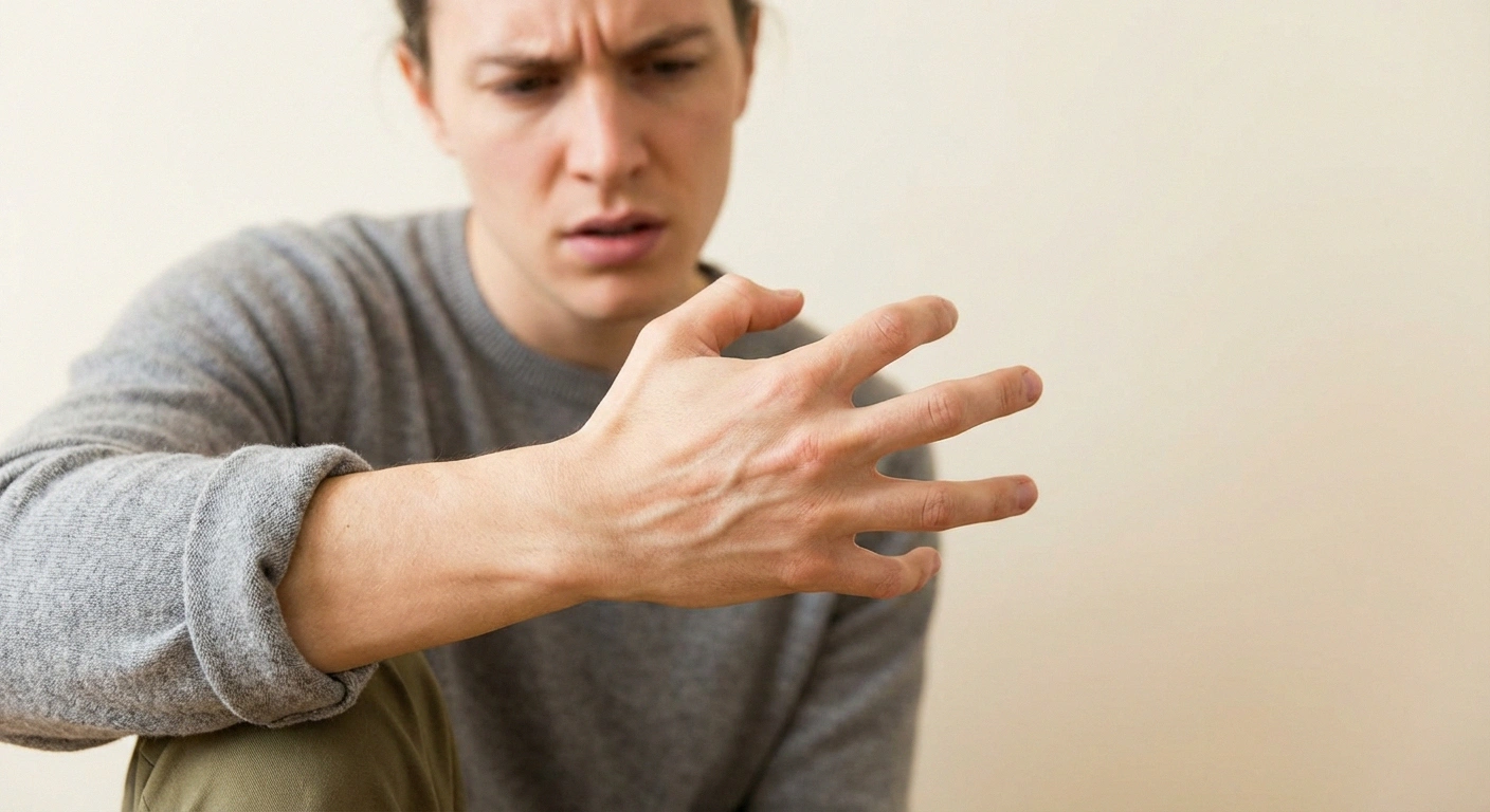Person examining their hand opening and closing showing unexpected neuropathy symptoms in non-typical location