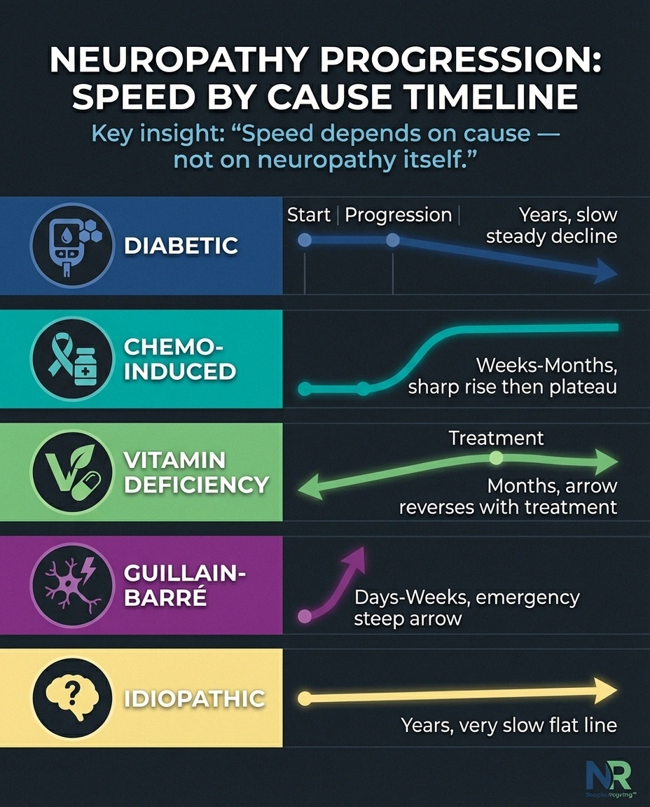 Timeline comparison of neuropathy progression speeds for different causes from rapid Guillain-Barre to slow diabetic neuropathy