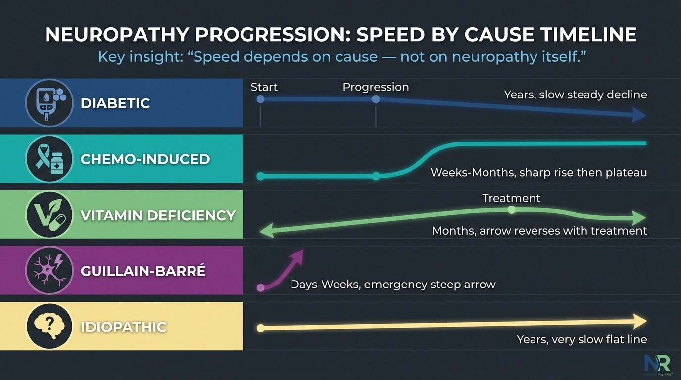Timeline comparison of neuropathy progression speeds for different causes from rapid Guillain-Barre to slow diabetic neuropathy