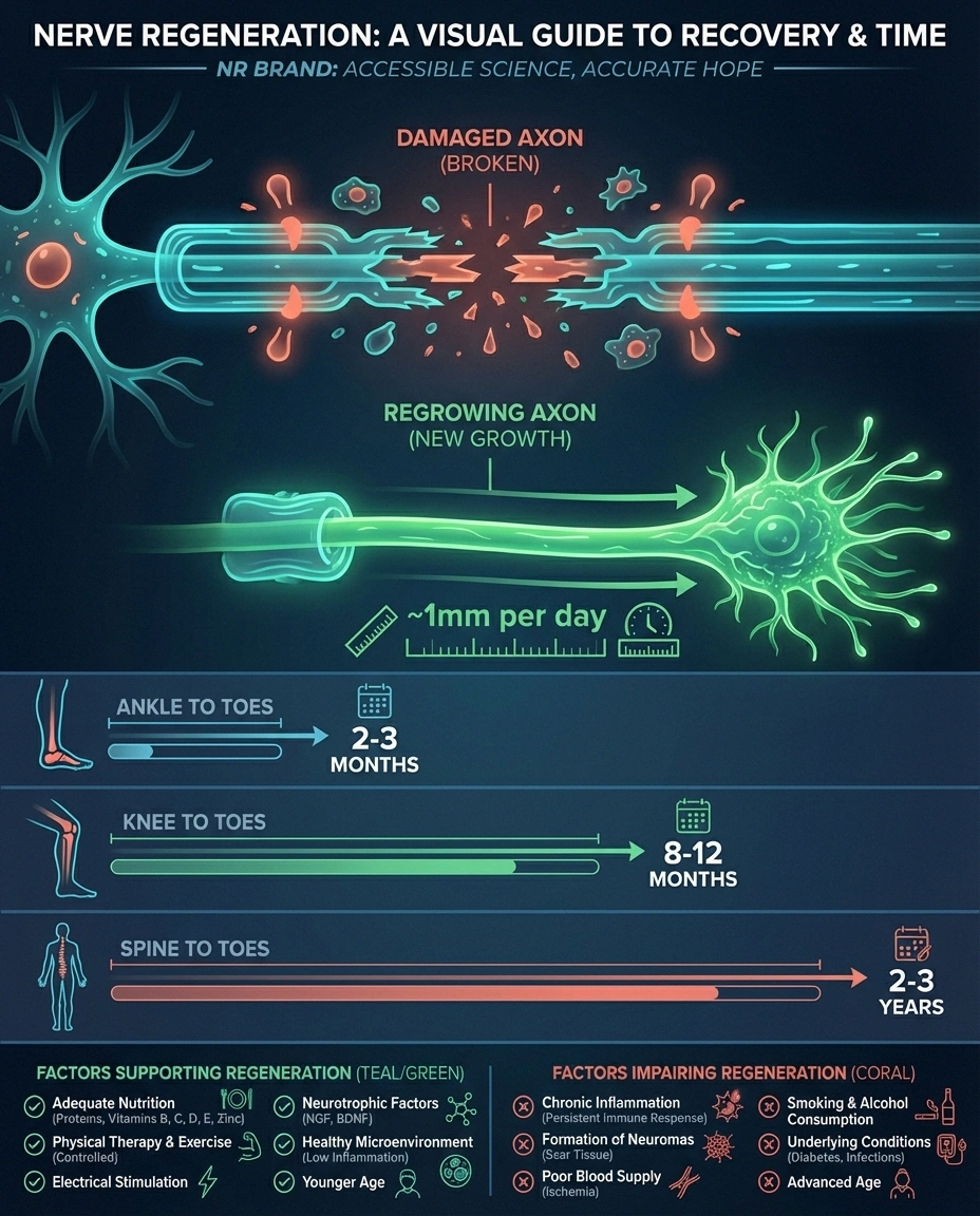 Nerve regeneration diagram showing damaged nerve fiber regrowing at 1mm per day with recovery timeline estimates